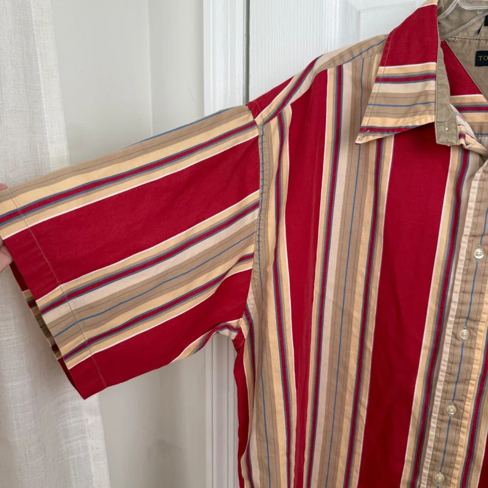 Tommy Hilfiger‎ XL Striped Button Up Shirt Red Tan Crest Logo 90s Y2K Cotton